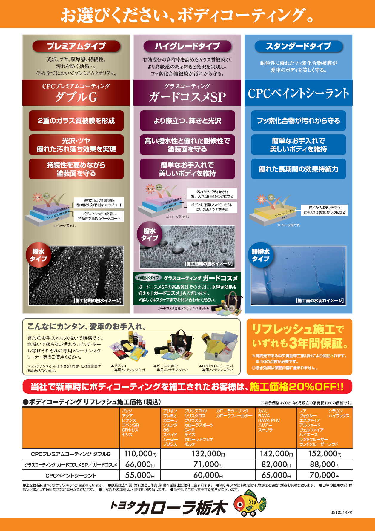 愛車リフレッシュ施工  トヨタカローラ栃木